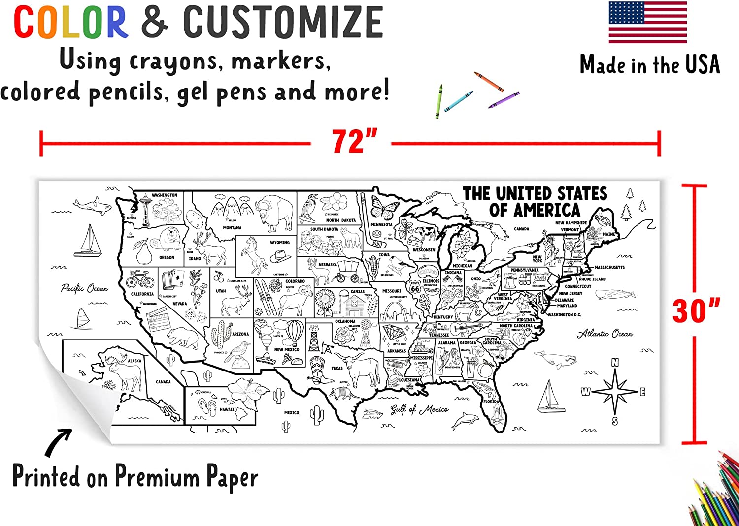 Hand Drawn Coloring Poster Of Usa Map For Students Large - Temu Germany